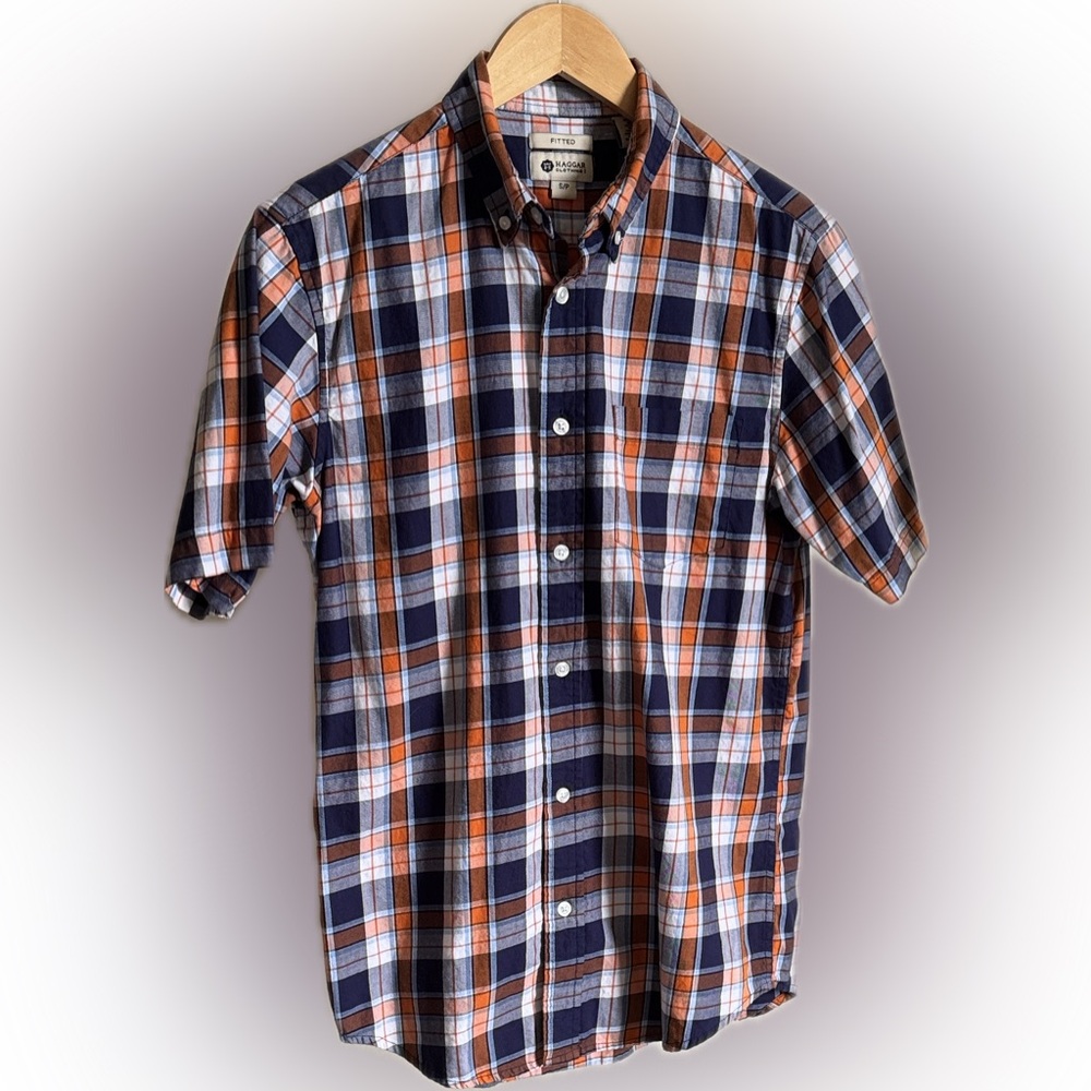 Haggar Men's Fitted Plaid Button Down short sleeve Shirt - Navy Orange white